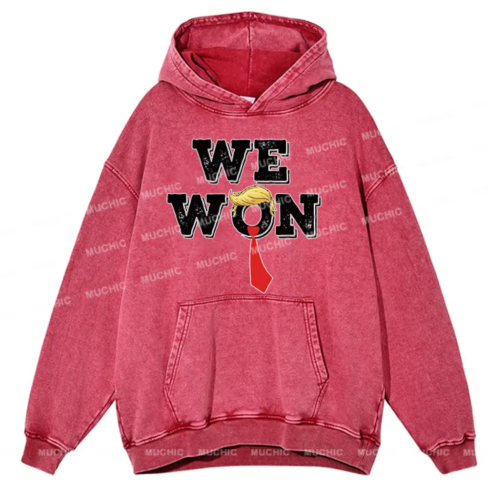 Muchic Unisex ’We Won’ Fashion Graphic Print Long Sleeve Hooded Sweatshirt (T-Shirt) Pink / S