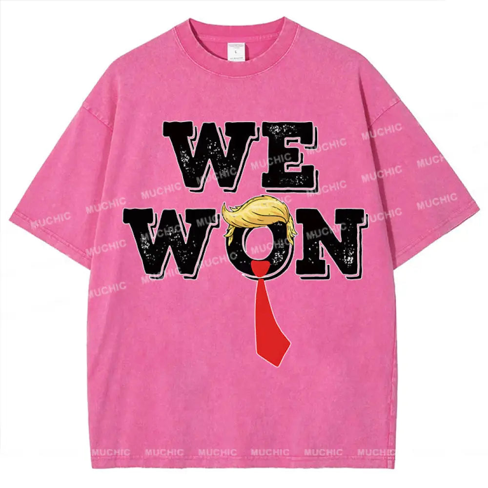 Muchic Unisex ’We Won’ Fashion Graphic Print Long Sleeve Hooded Sweatshirt (T-Shirt) Pink / S