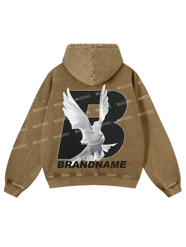 Muchic Unisex ’White Dove’ Fashion Graphic Print Long Sleeve Hooded Sweatshirt Beige / S