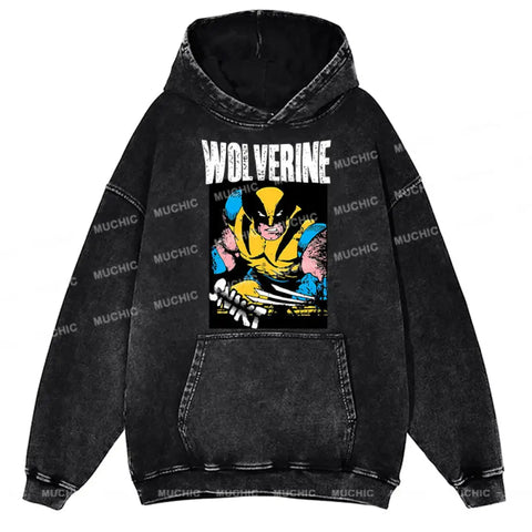 Muchic Unisex "WOLVERINE" Funny Cartoon Retro Fashion Graphic Print Long Sleeve Hooded Sweater (T-shirt)