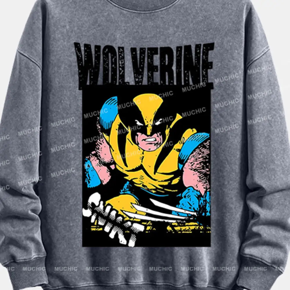 Muchic Unisex ’Wolverine’ Funny Cartoon Retro Fashion Graphic Print Long Sleeve Hooded Sweater