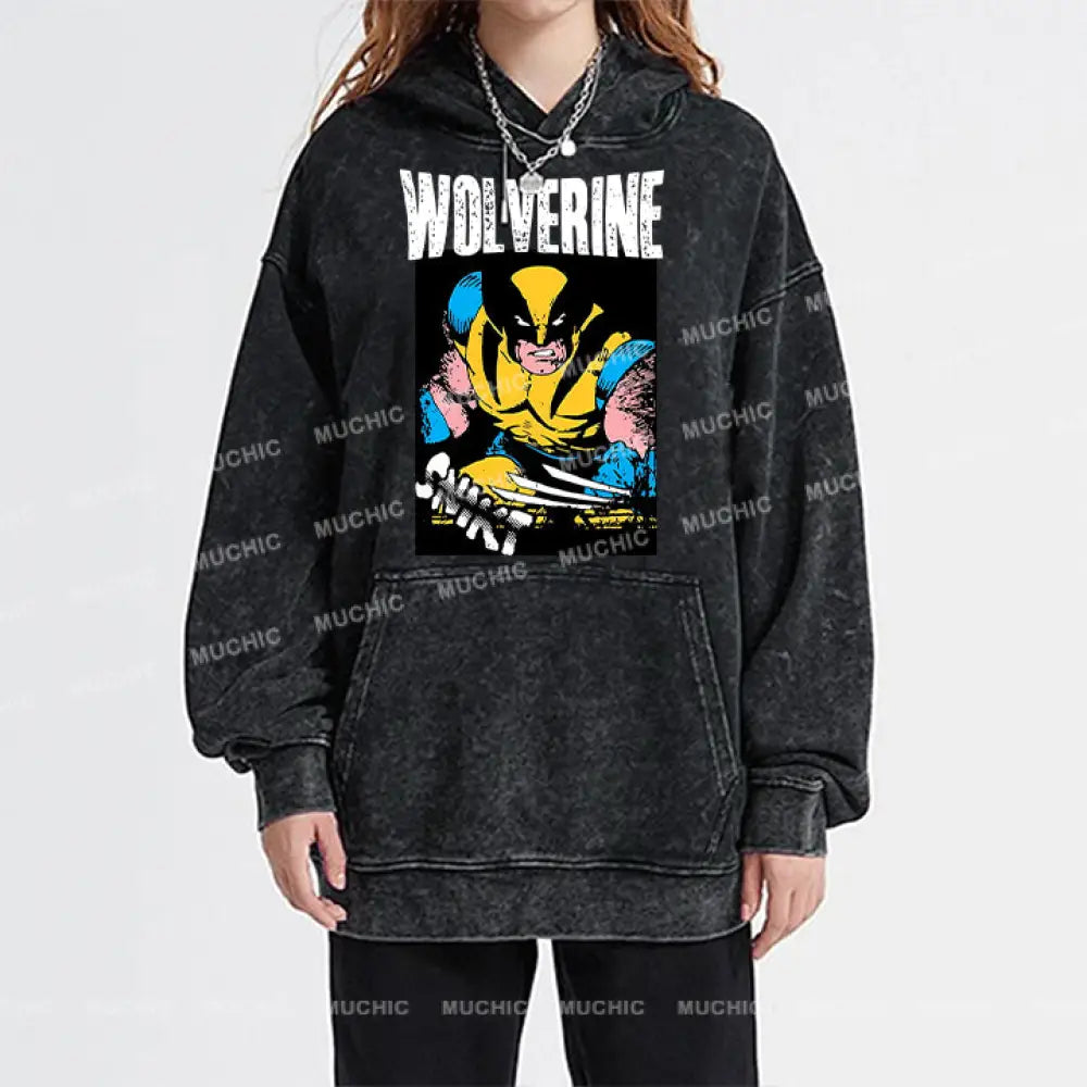 Muchic Unisex ’Wolverine’ Funny Cartoon Retro Fashion Graphic Print Long Sleeve Hooded Sweater