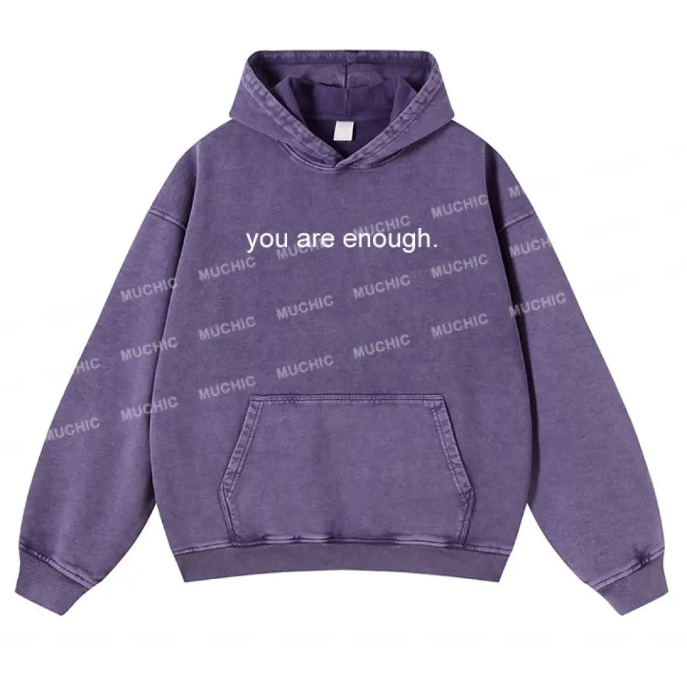 Muchic Unisex ’You Are Enough’ Lettering Printed Long-Sleeved Hooded Sweatshirt Purple / S