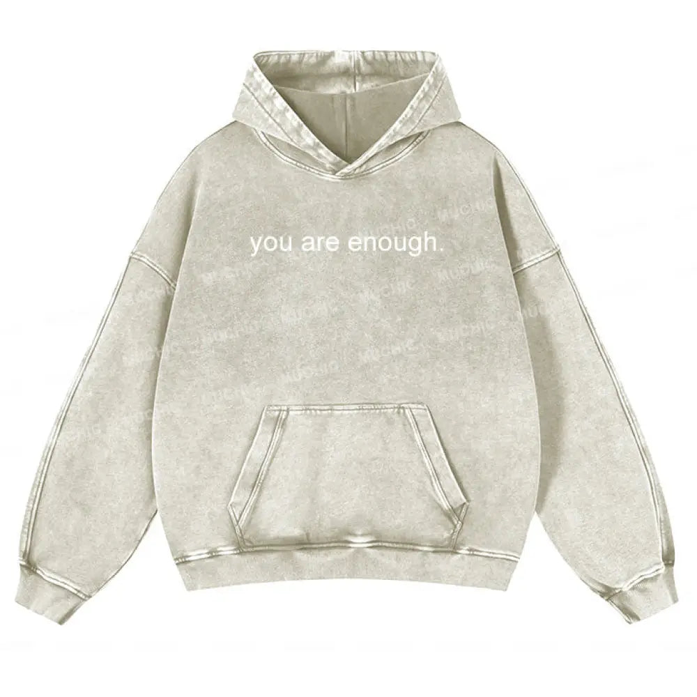 Muchic Unisex ’You Are Enough’ Lettering Printed Long-Sleeved Hooded Sweatshirt White / S