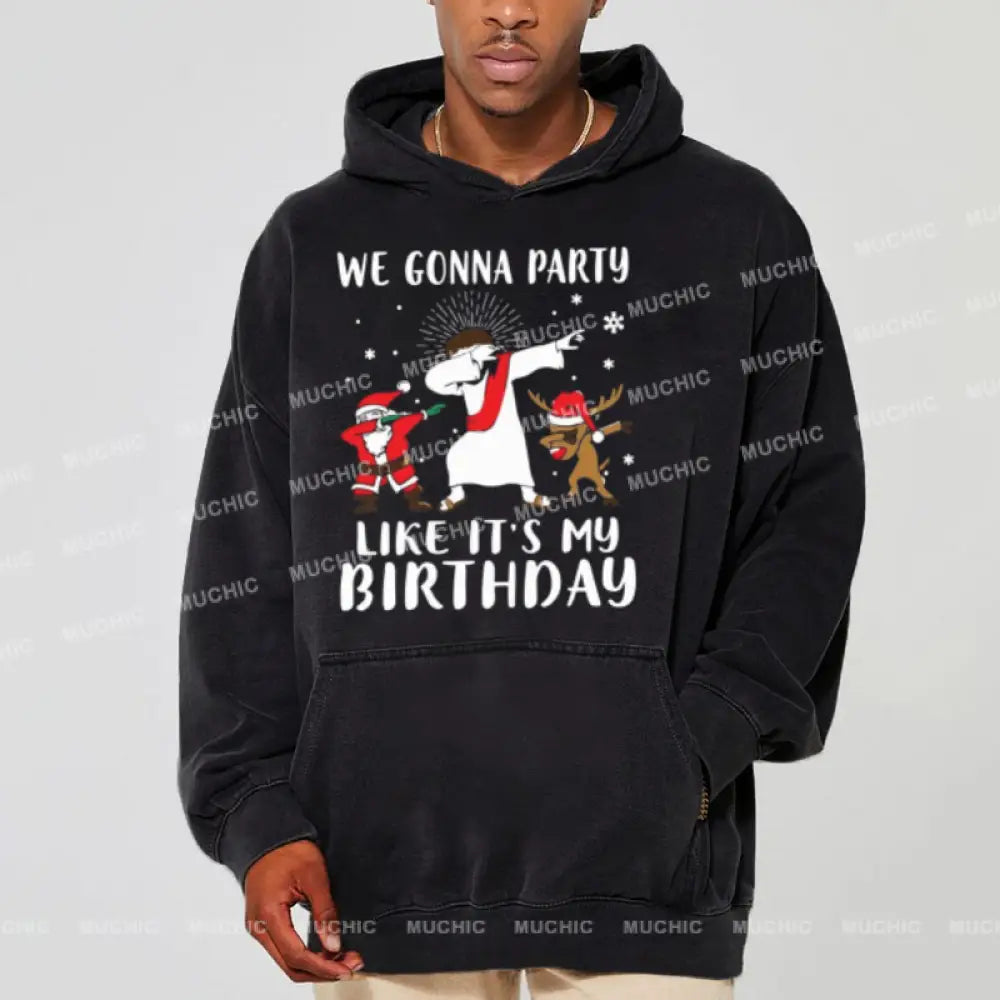 Muchic We Gonna Party Unisex Printed Casual Washed Plush Thickening Hoodie Sweatshirt