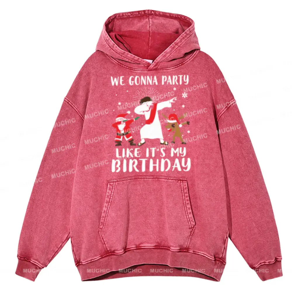 Muchic We Gonna Party Unisex Printed Casual Washed Plush Thickening Hoodie Sweatshirt Hotpink / M