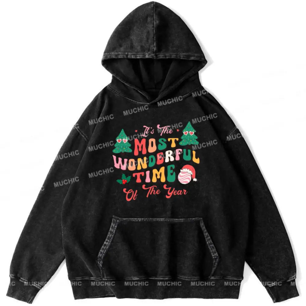 Muchic Wonderful Time Unisex Printed Casual Washed Plush Thickening Hoodie Sweatshirt Black / M