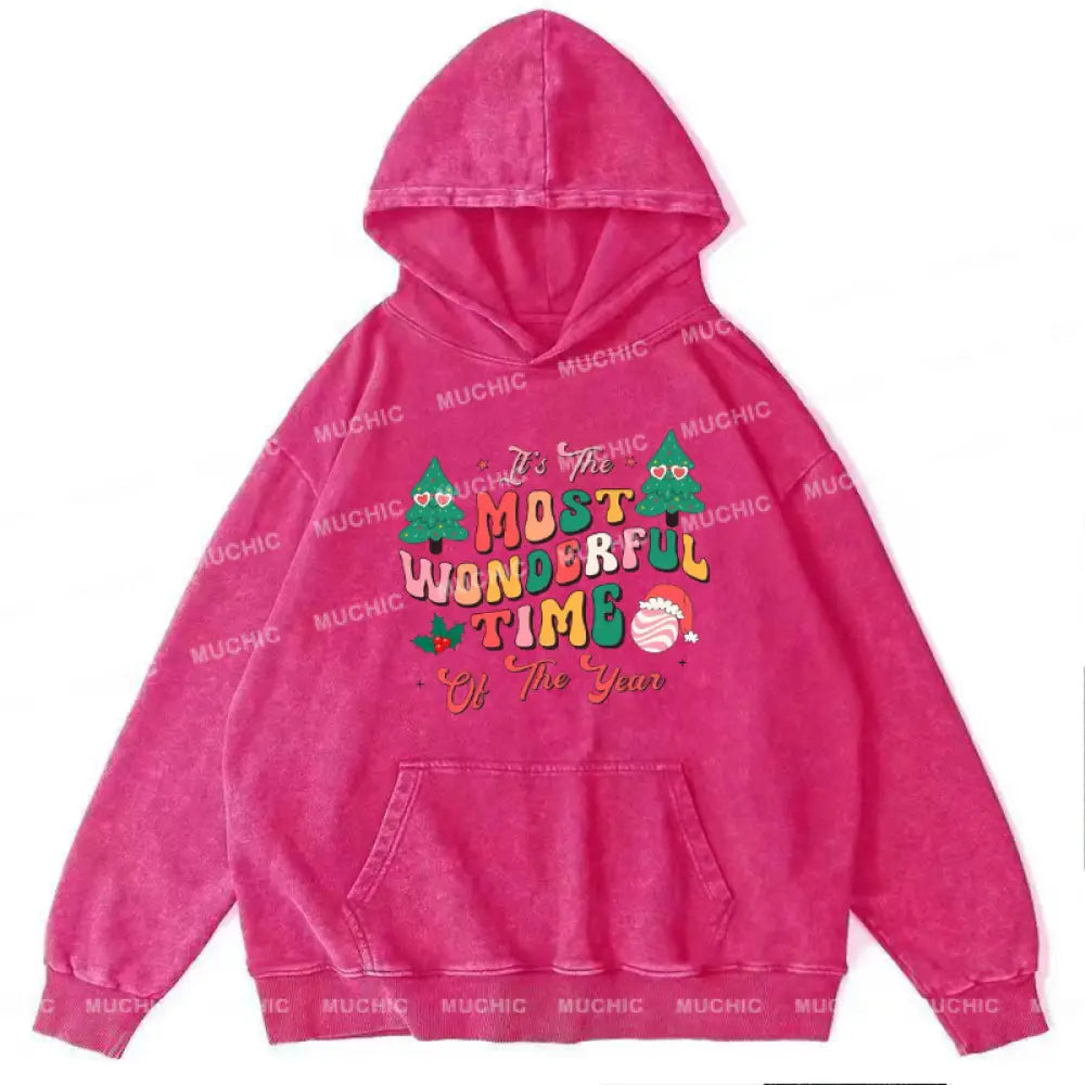 Muchic Wonderful Time Unisex Printed Casual Washed Plush Thickening Hoodie Sweatshirt Hotpink / M