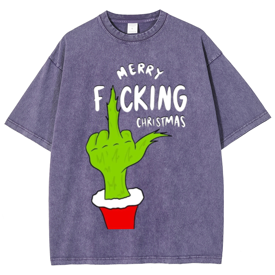 Muchic Merry Fucking Christmas Unisex Oversized Print Vintage Wash Denim T-Shirt