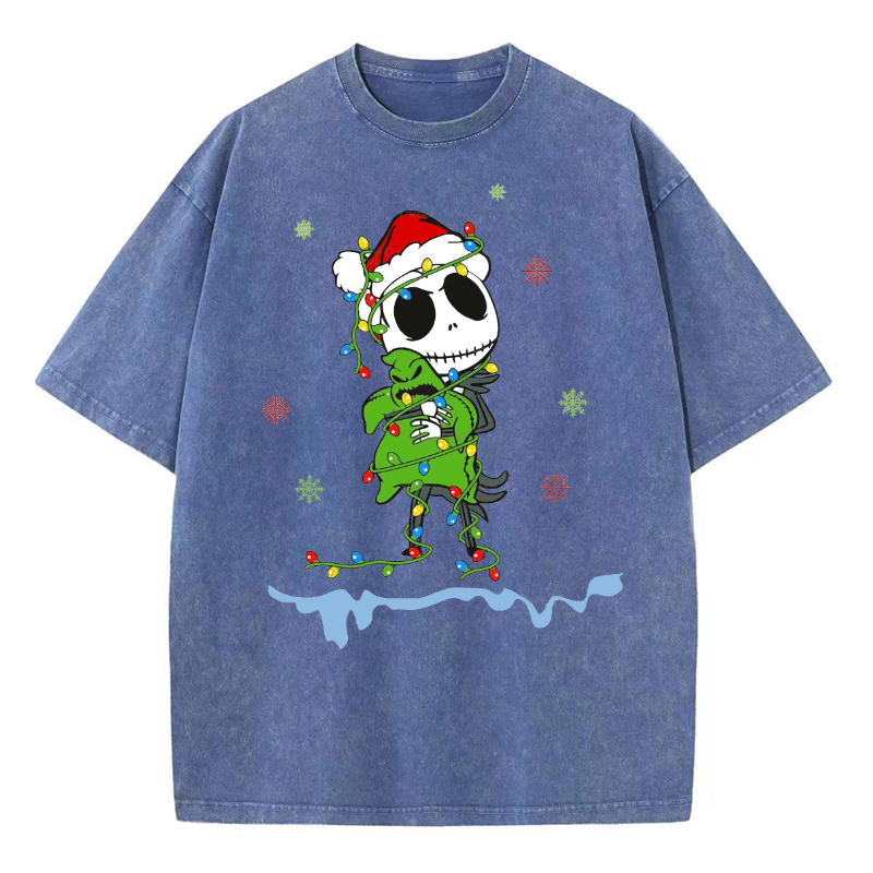 Muchic Unisex Christmas Nightmare Printed Retro Washed Short Sleeved T-Shirt