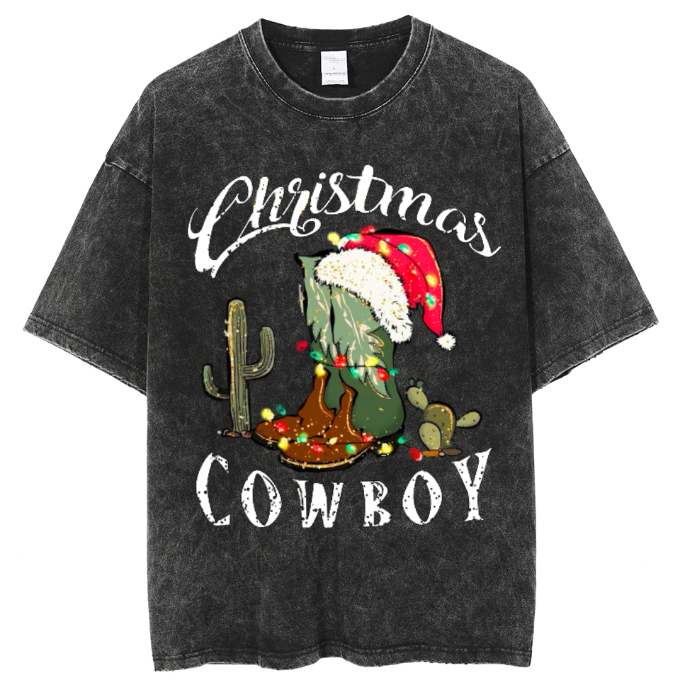 Muchic Christmas Cowboy Unisex Oversized Print Vintage Wash Denim T-Shirt