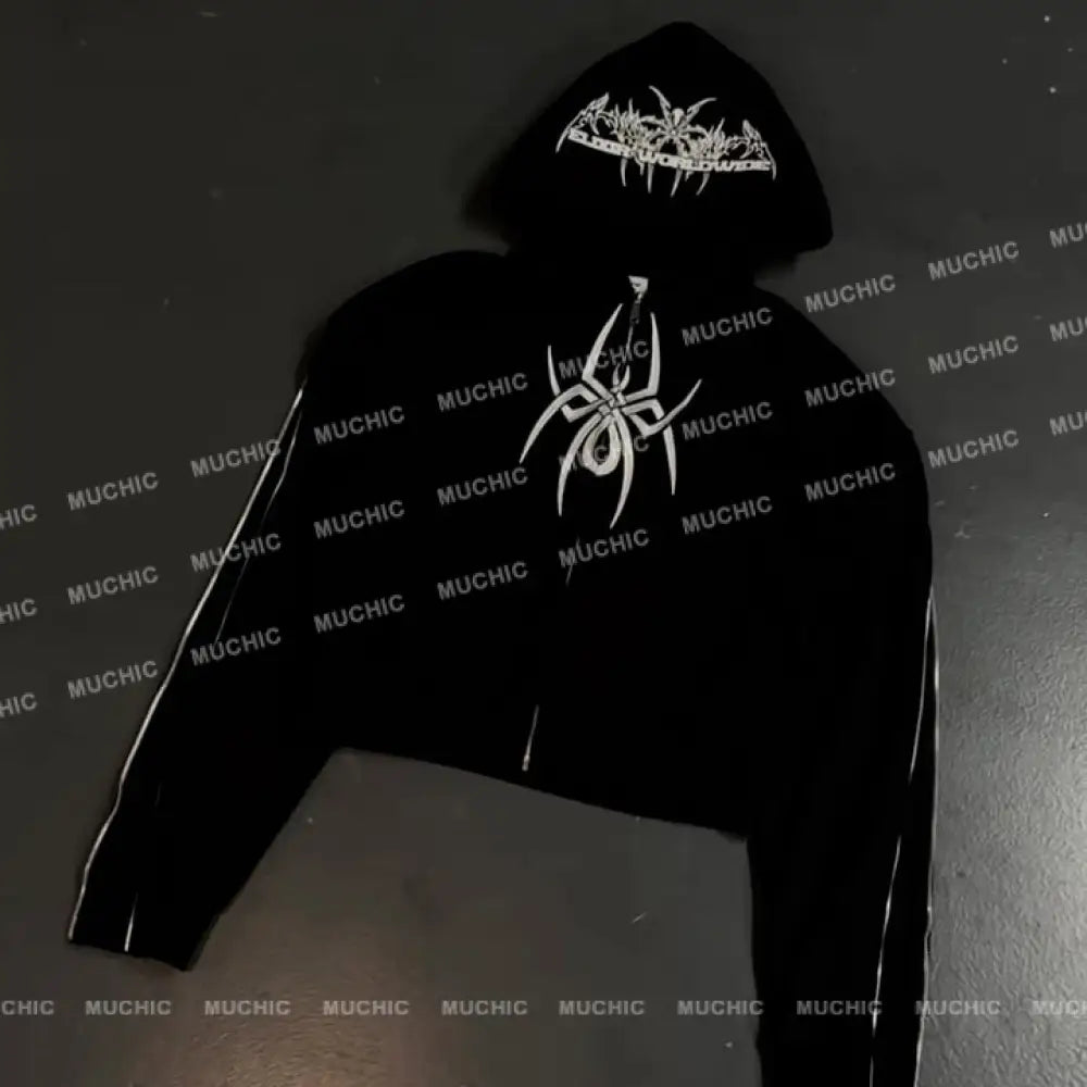 💥New Fall/Winter💥 Unisex Spider Print Arm Zipper Long Sleeve Hooded Sweatshirt Black / S