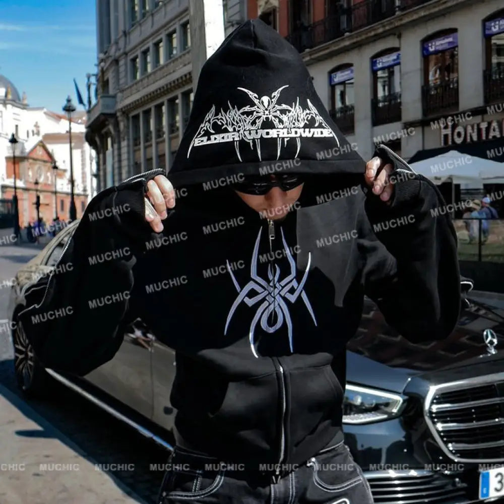 💥New Fall/Winter💥 Unisex Spider Print Arm Zipper Long Sleeve Hooded Sweatshirt Hoodies-Sweatshirts