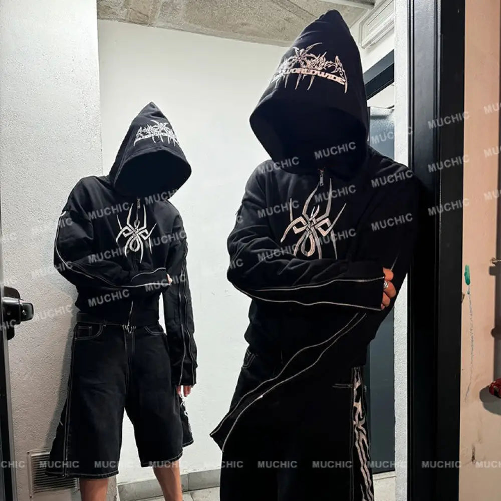 💥New Fall/Winter💥 Unisex Spider Print Arm Zipper Long Sleeve Hooded Sweatshirt Hoodies-Sweatshirts