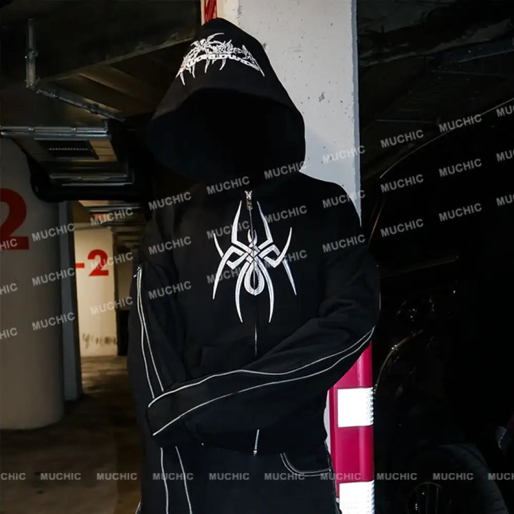 💥New Fall/Winter💥 Unisex Spider Print Arm Zipper Long Sleeve Hooded Sweatshirt Hoodies-Sweatshirts