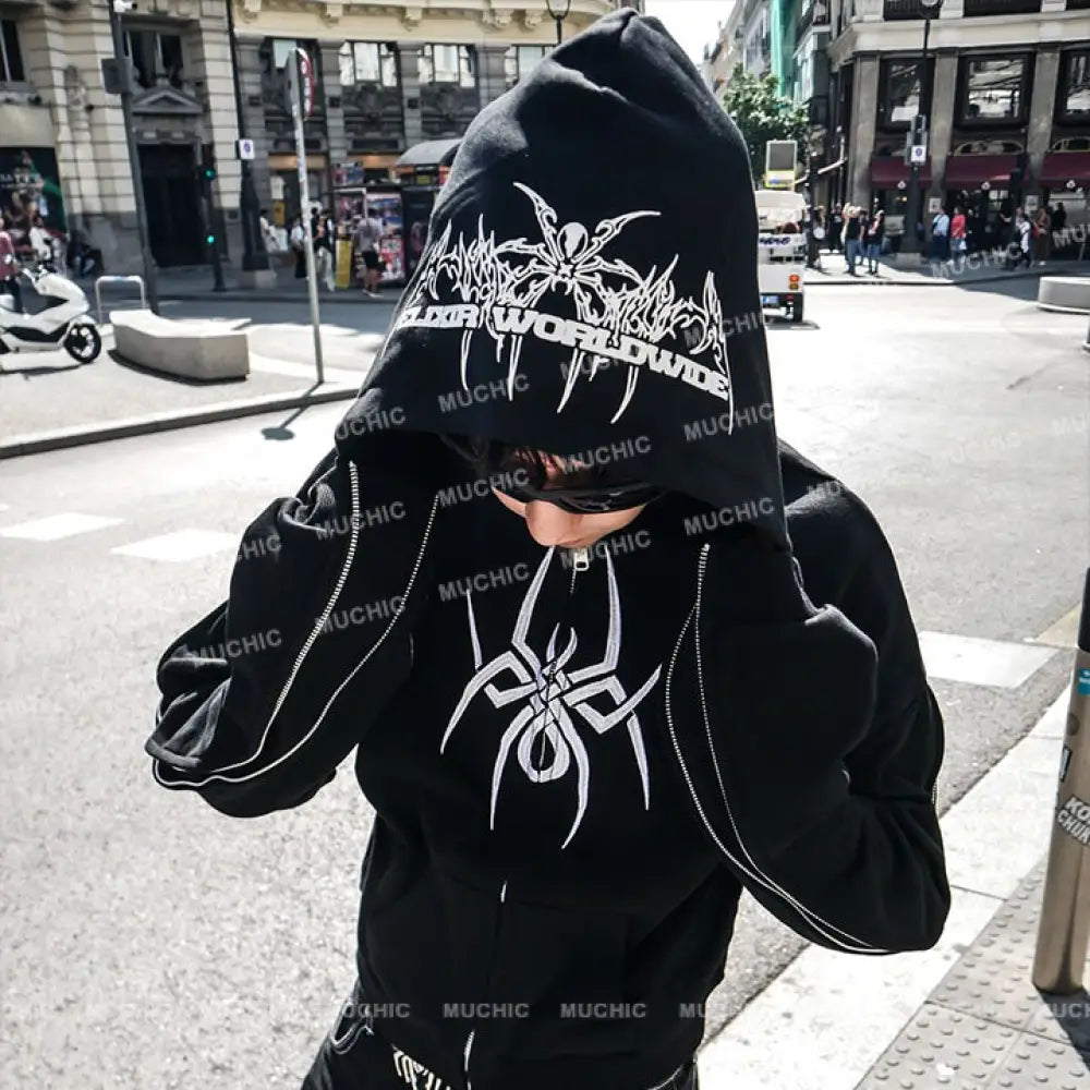 💥New Fall/Winter💥 Unisex Spider Print Arm Zipper Long Sleeve Hooded Sweatshirt Hoodies-Sweatshirts