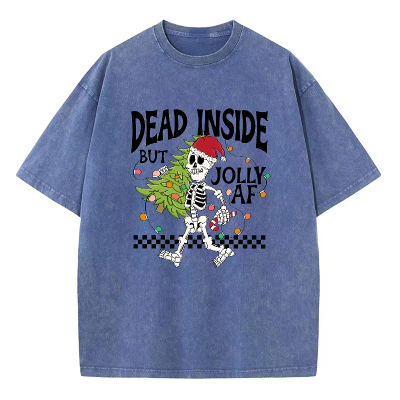 Muchic Unisex Dead Inside But Jolly Af Fun Skeleton Christmas Tree Printed Retro Washed Short Sleeved T-Shirt