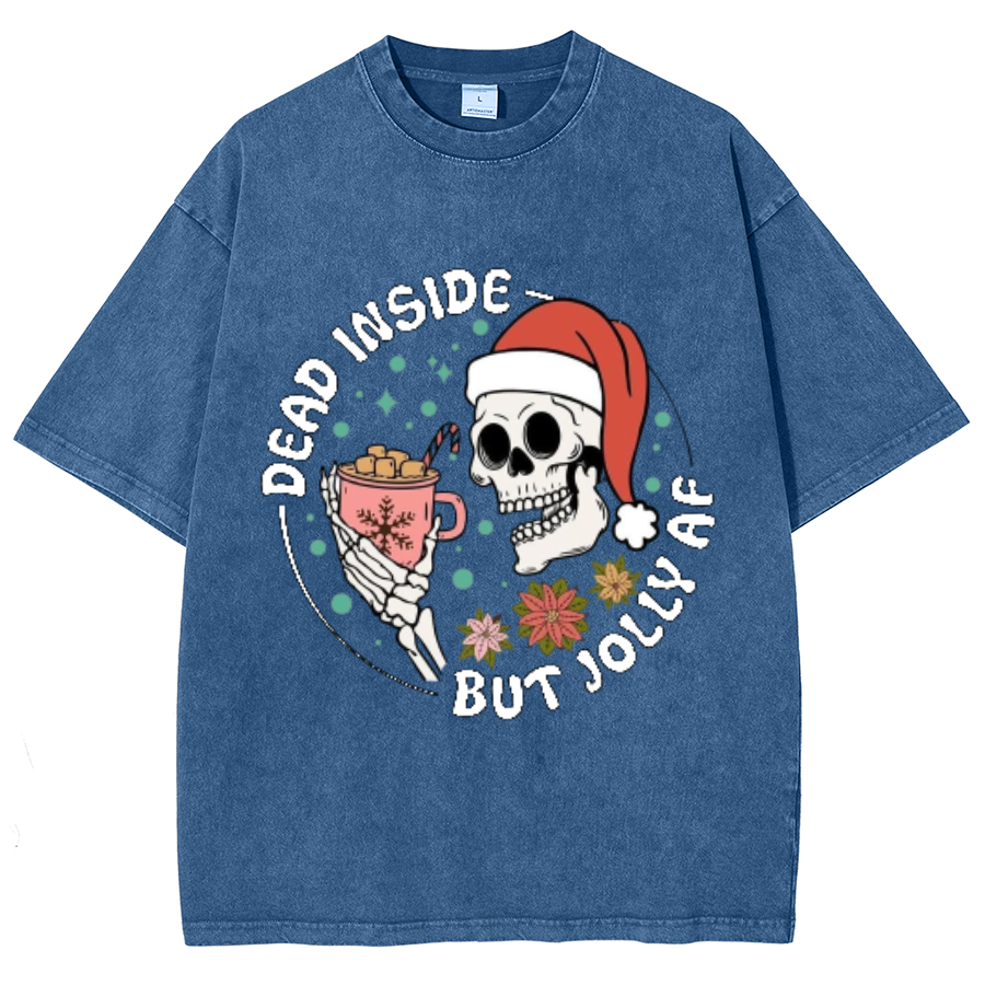 Muchic Dead Inside But Jolly Af Unisex Oversized Print Vintage Wash Denim T-Shirt