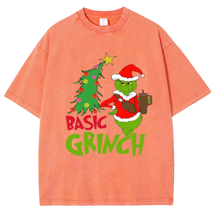 Muchic Basic Grinch Unisex Oversized Print Vintage Wash Denim T-Shirt