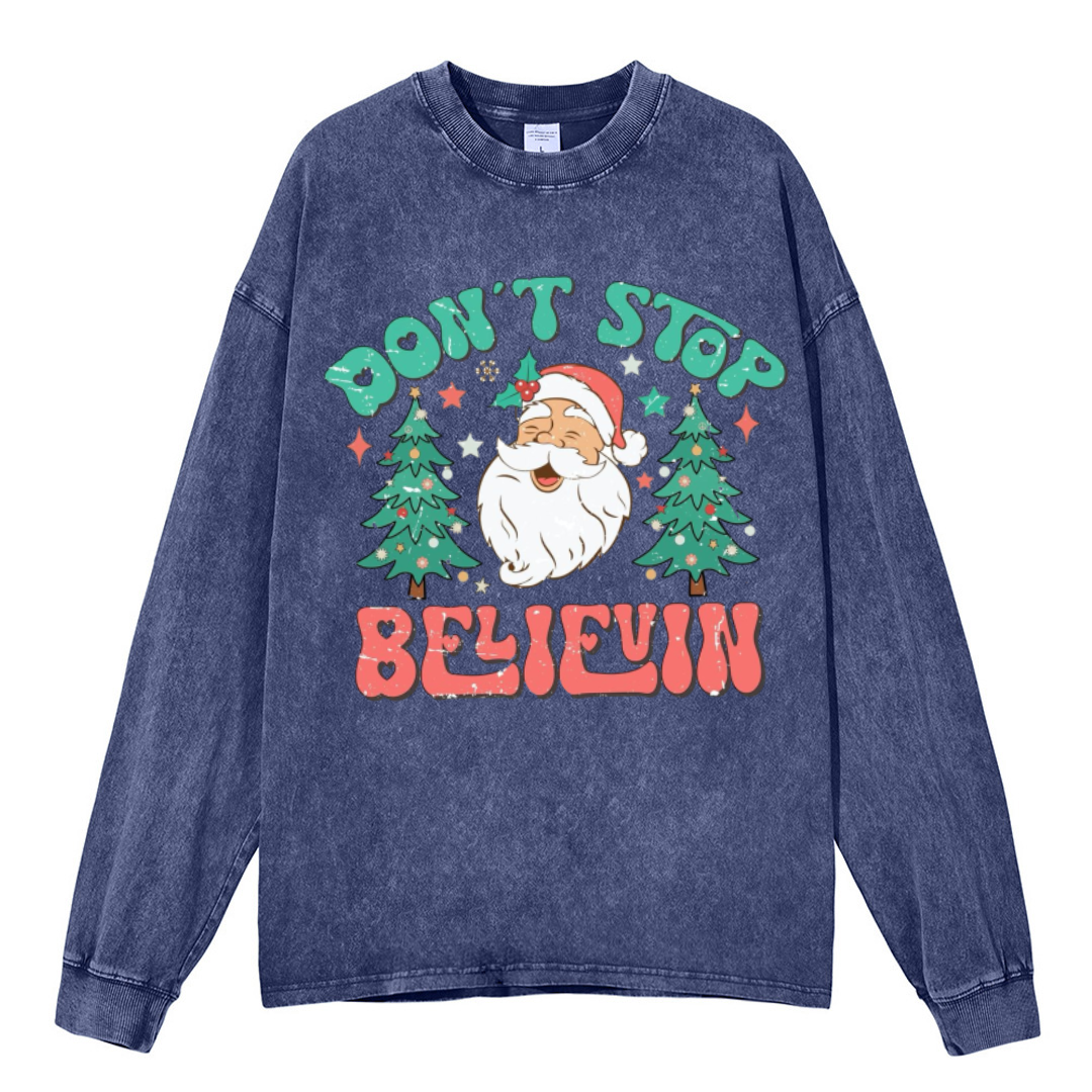 Muchic Dont Stop Believin Unisex Casual Washed Printed Round Neck Long Sleeve T-shirt