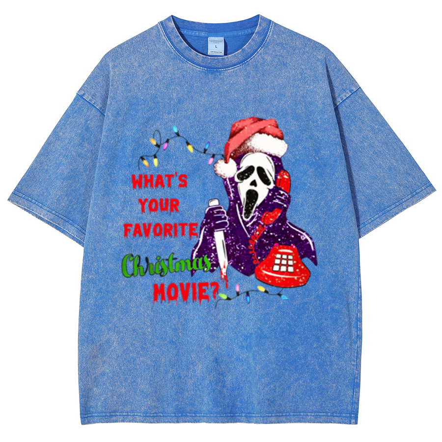 Muchic Christmas Movie Unisex Oversized Print Vintage Wash Denim T-Shirt