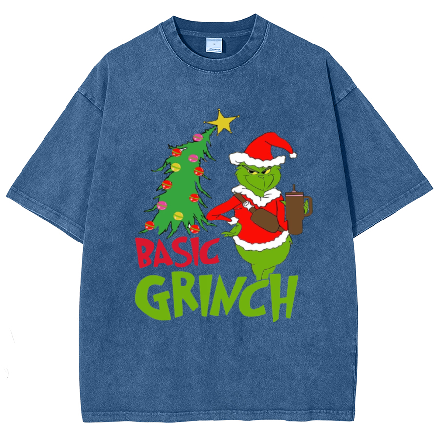 Muchic Basic Grinch Unisex Oversized Print Vintage Wash Denim T-Shirt