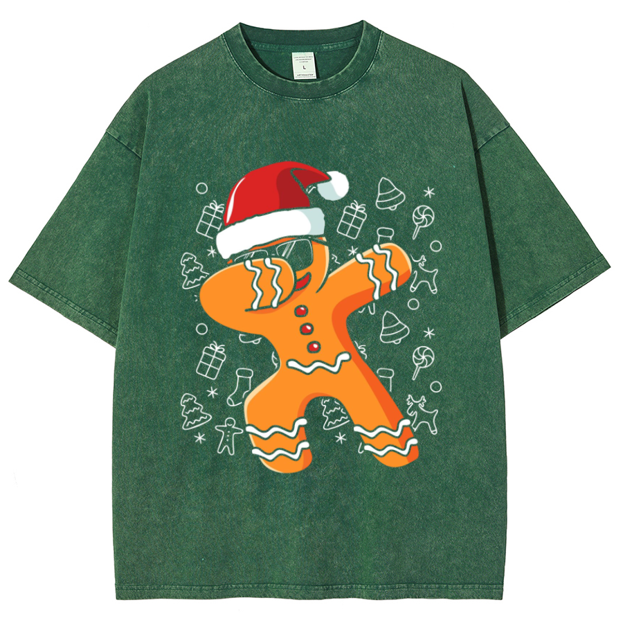 Muchic Gingerbread Man Unisex Oversized Print Vintage Wash Denim T-Shirt