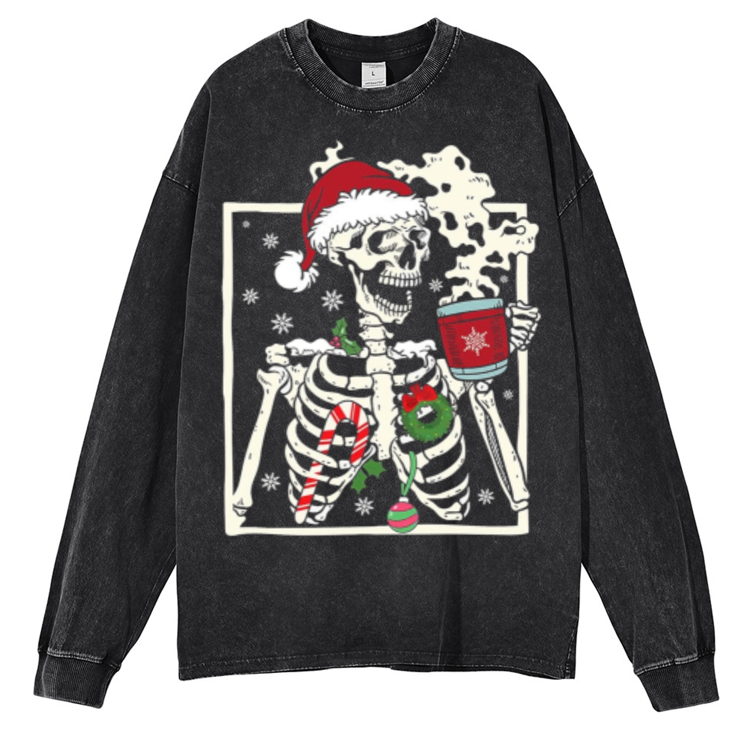 Muchic Dead Inside Skeleton Unisex Casual Washed Printed Round Neck Long Sleeve T-shirt