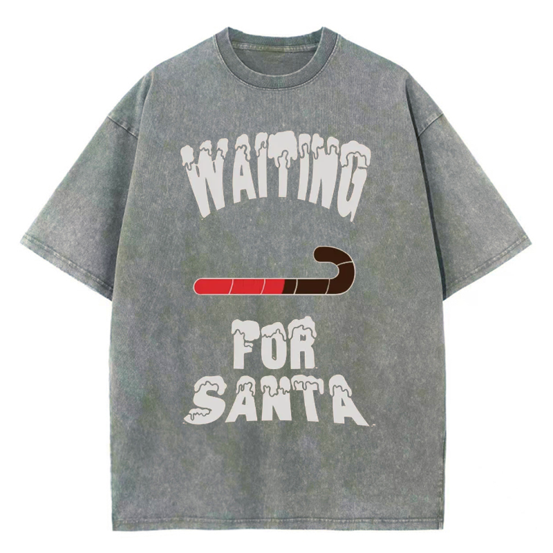 Muchic Unisex Waiting For Santa Printed Retro Washed Short Sleeved T-Shirt