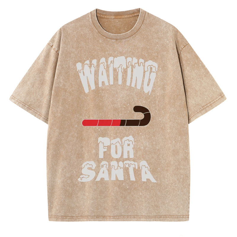 Muchic Unisex Waiting For Santa Printed Retro Washed Short Sleeved T-Shirt