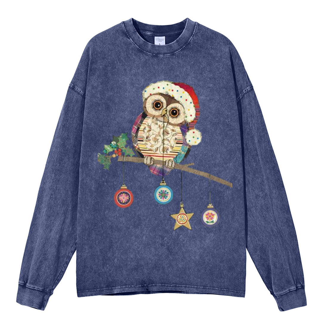 Muchic Owl Christmas Unisex Casual Washed Printed Round Neck Long Sleeve T-shirt