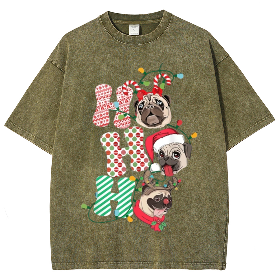 Muchic Pug Christmas Unisex Oversized Print Vintage Wash Denim T-Shirt