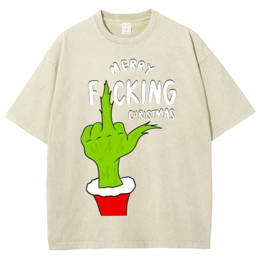 Muchic Merry Fucking Christmas Unisex Oversized Print Vintage Wash Denim T-Shirt