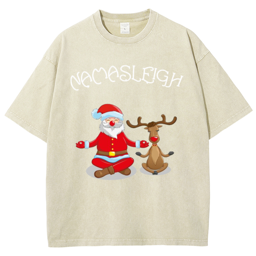 Muchic Nama Sleigh Unisex Oversized Print Vintage Wash Denim T-Shirt