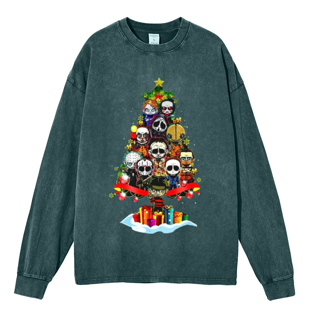 Muchic Ghost Christmas Unisex Casual Washed Printed Round Neck Long Sleeve T-shirt