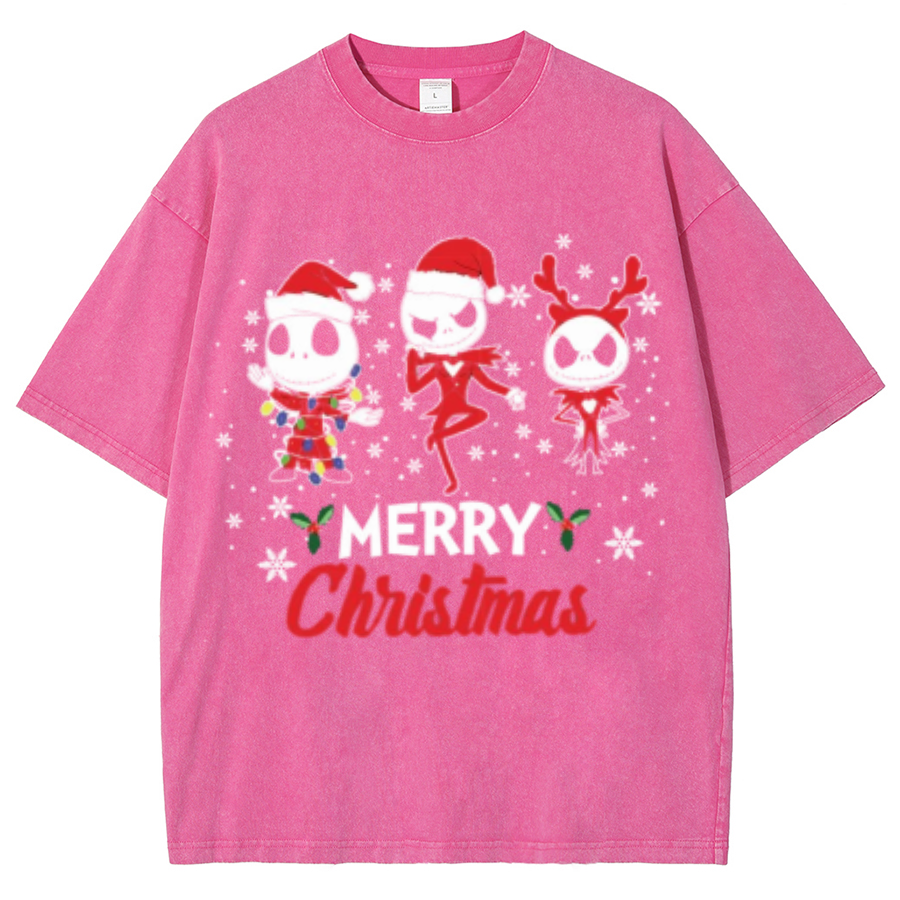 Muchic Merry Christmas Unisex Oversized Print Vintage Wash Denim T-Shirt