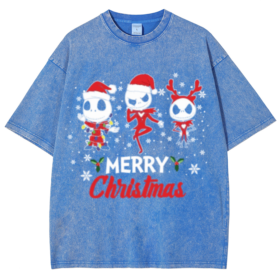 Muchic Merry Christmas Unisex Oversized Print Vintage Wash Denim T-Shirt