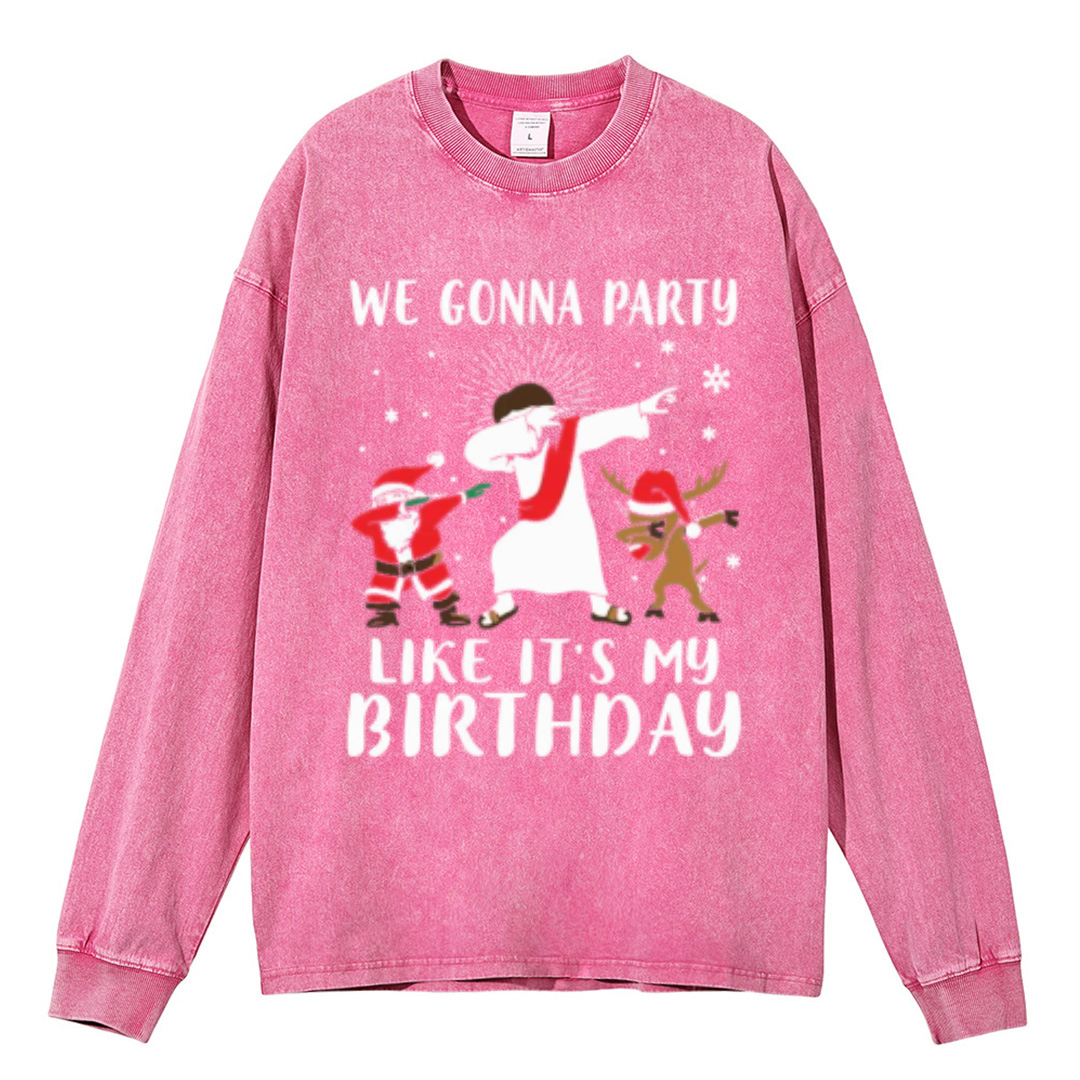 Muchic We Gonna Party Unisex Casual Washed Printed Round Neck Long Sleeve T-shirt