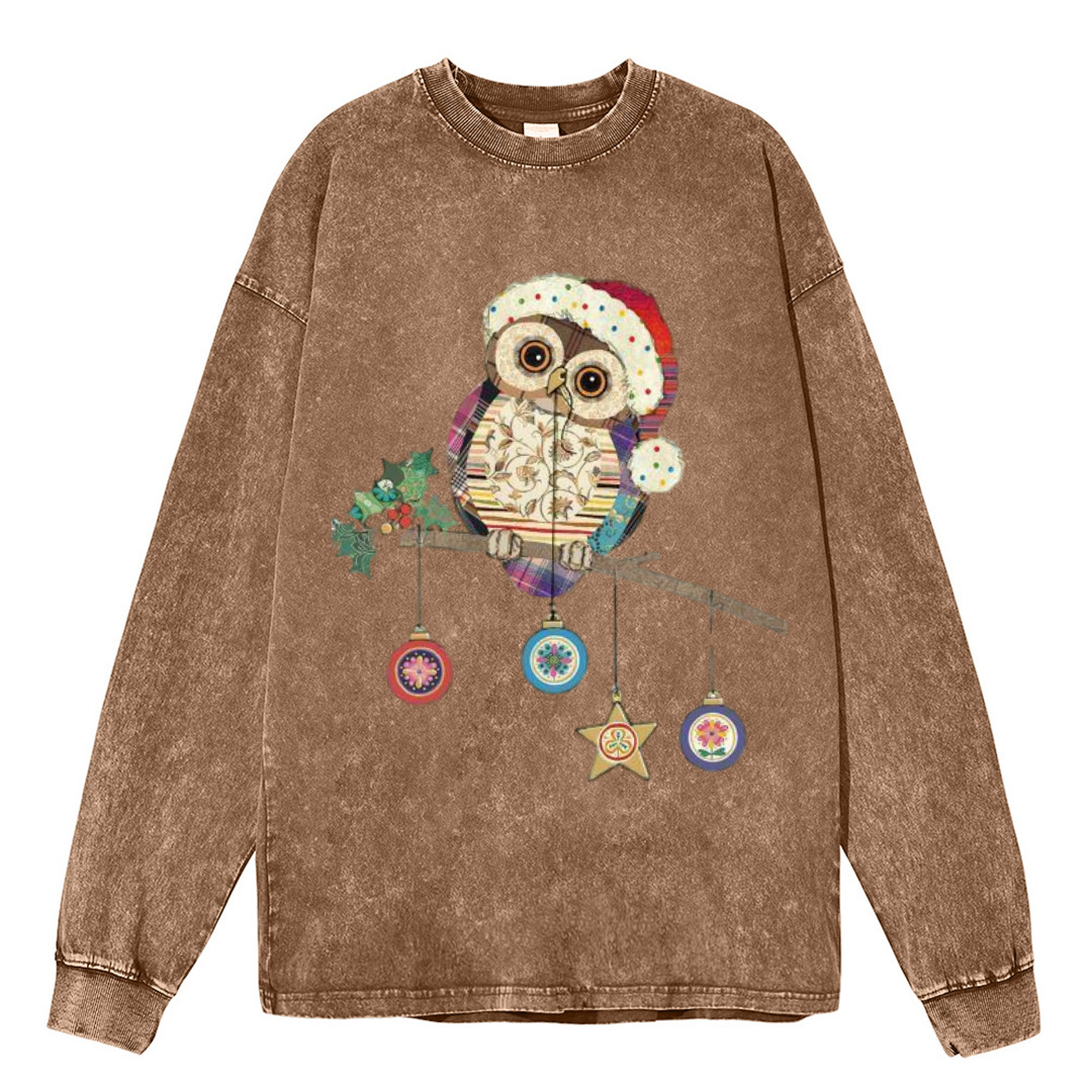 Muchic Owl Christmas Unisex Casual Washed Printed Round Neck Long Sleeve T-shirt