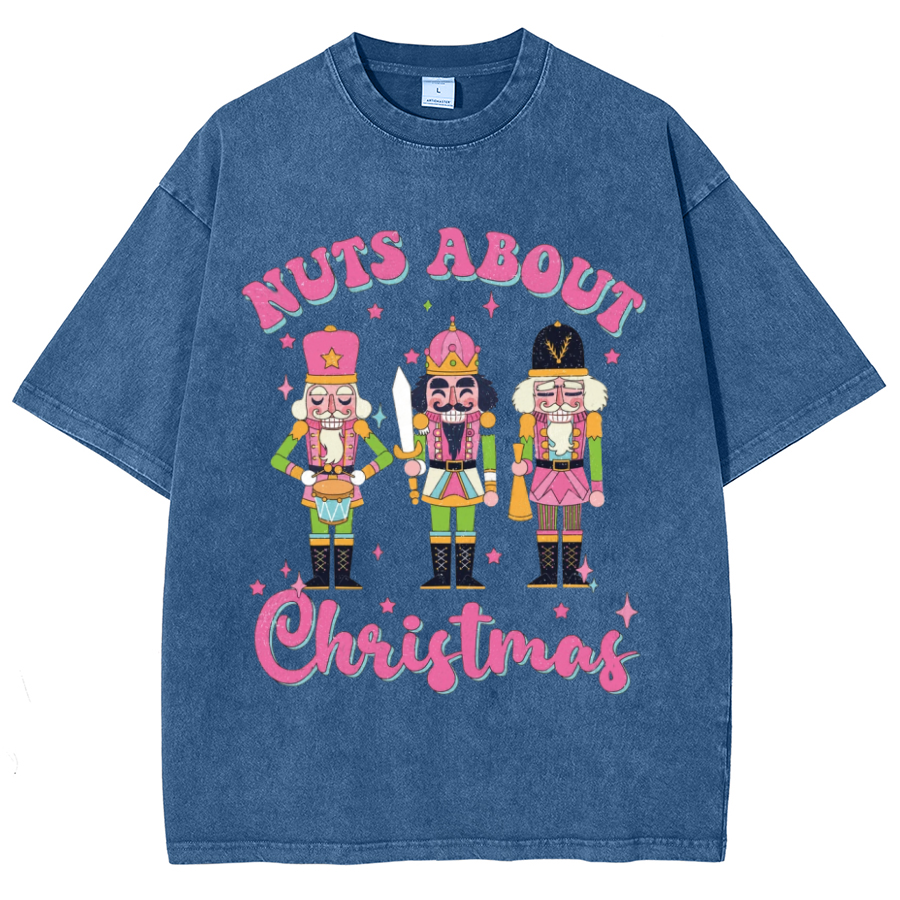 Muchic Nuts About Christmas Unisex Oversized Print Vintage Wash Denim T-Shirt