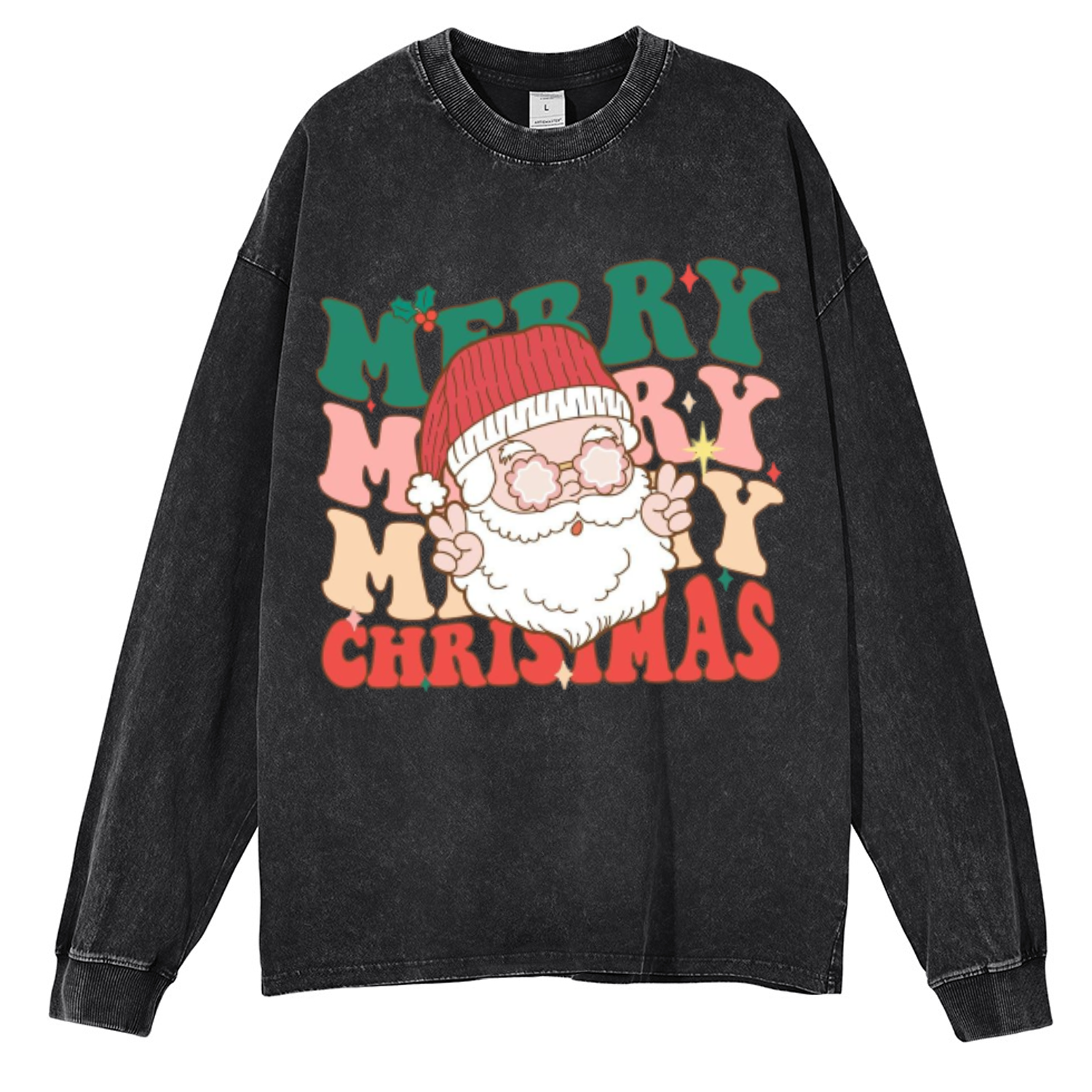 Muchic Merry Christmas Unisex Casual Washed Printed Round Neck Long Sleeve T-shirt