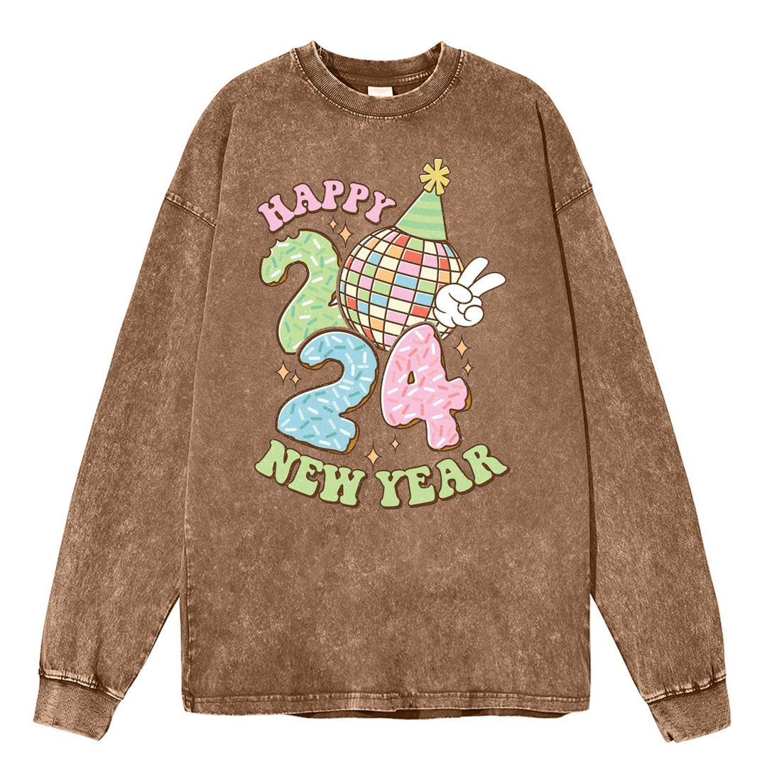 Muchic Unisex Casual Washed Happy New Year Printed Round Neck Long Sleeve T-shirt