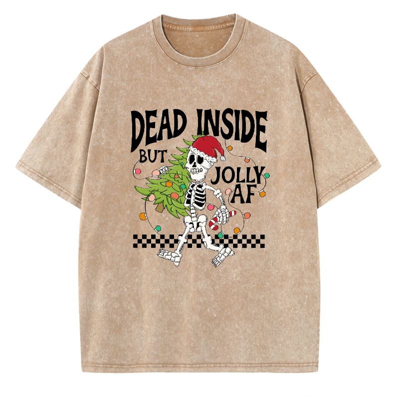 Muchic Unisex Dead Inside But Jolly Af Fun Skeleton Christmas Tree Printed Retro Washed Short Sleeved T-Shirt