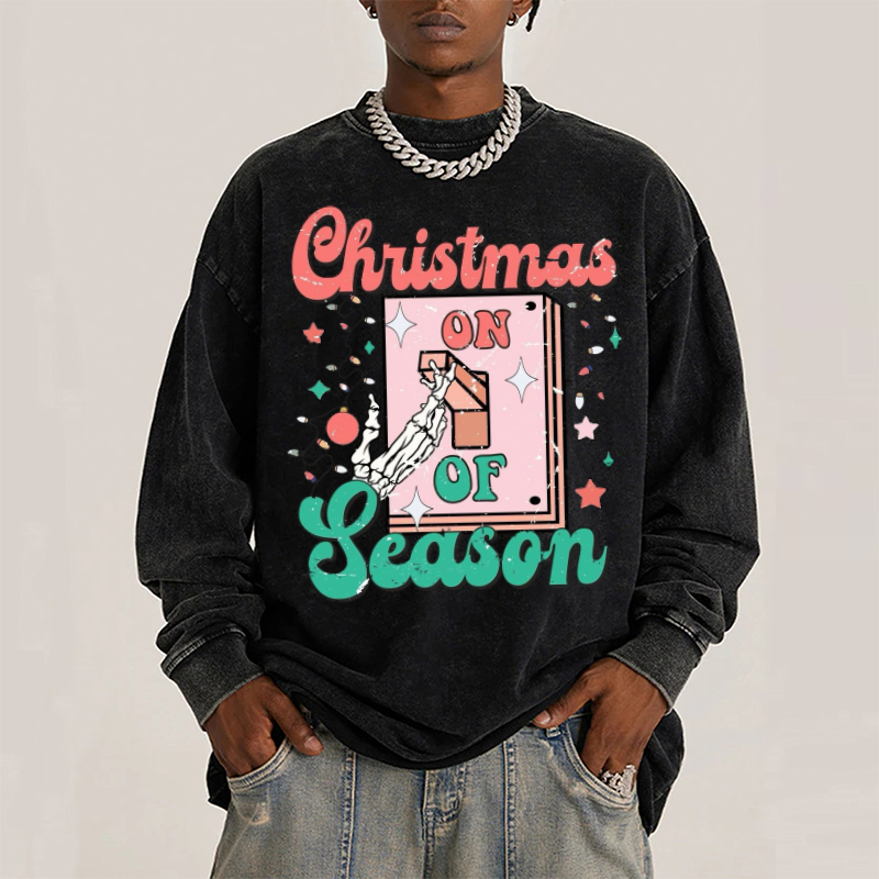 Muchic Christmas Season Unisex Casual Washed Printed Round Neck Long Sleeve T-shirt