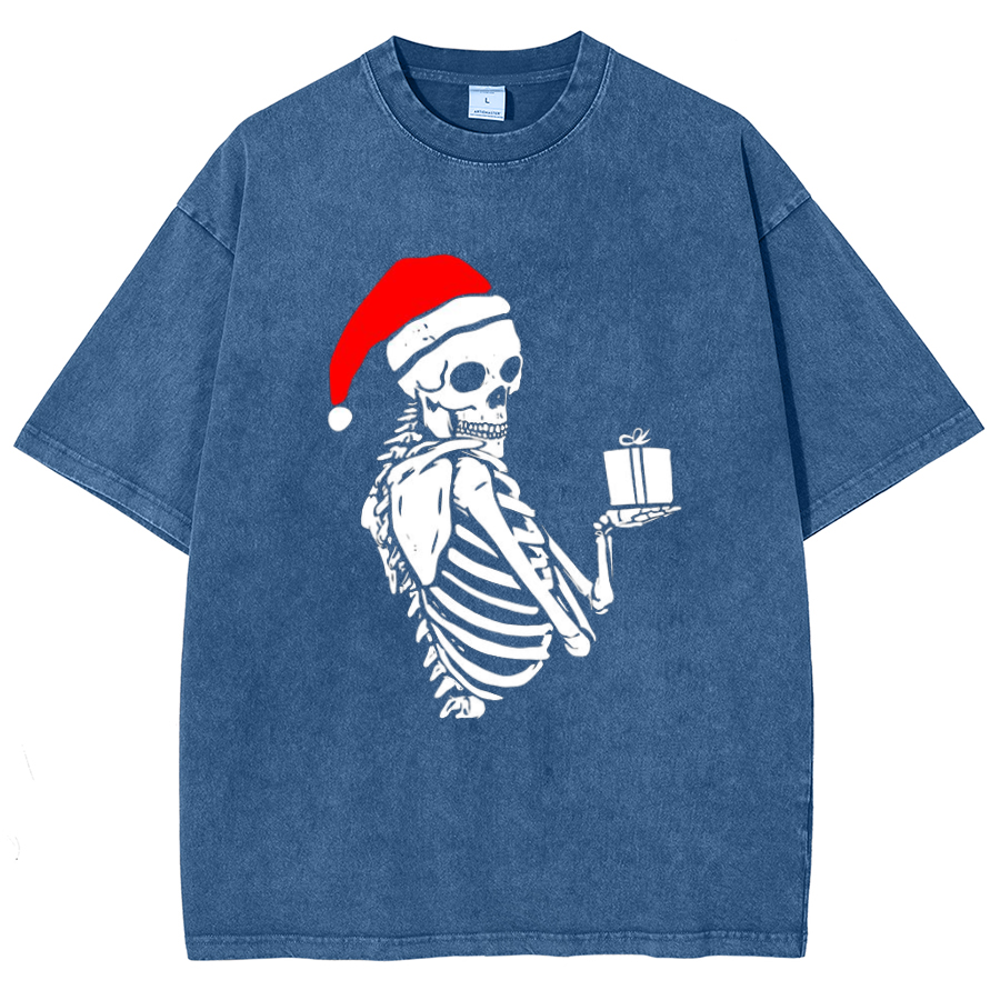 Muchic Christmas Skeleton Unisex Oversized Print Vintage Wash Denim T-Shirt