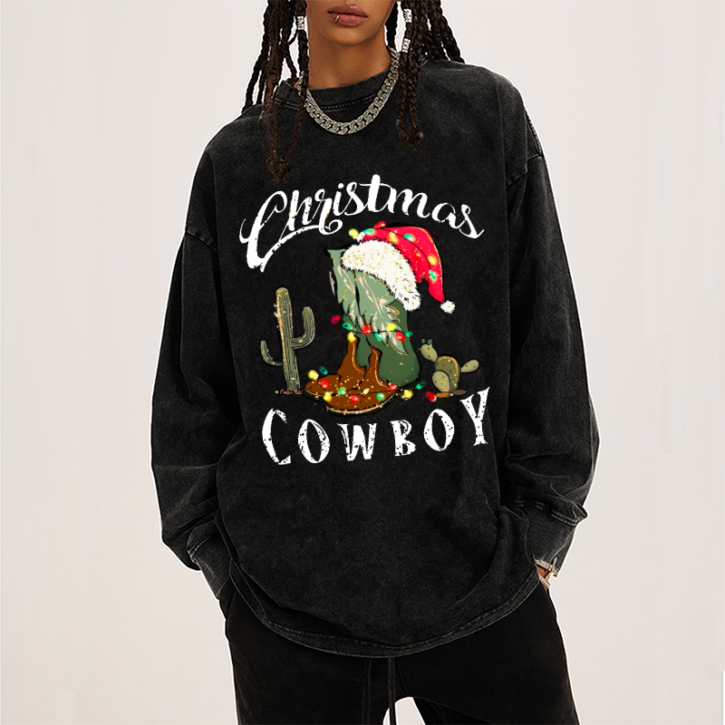 Muchic Christmas Cowboy Unisex Casual Washed Printed Round Neck Long Sleeve T-shirt