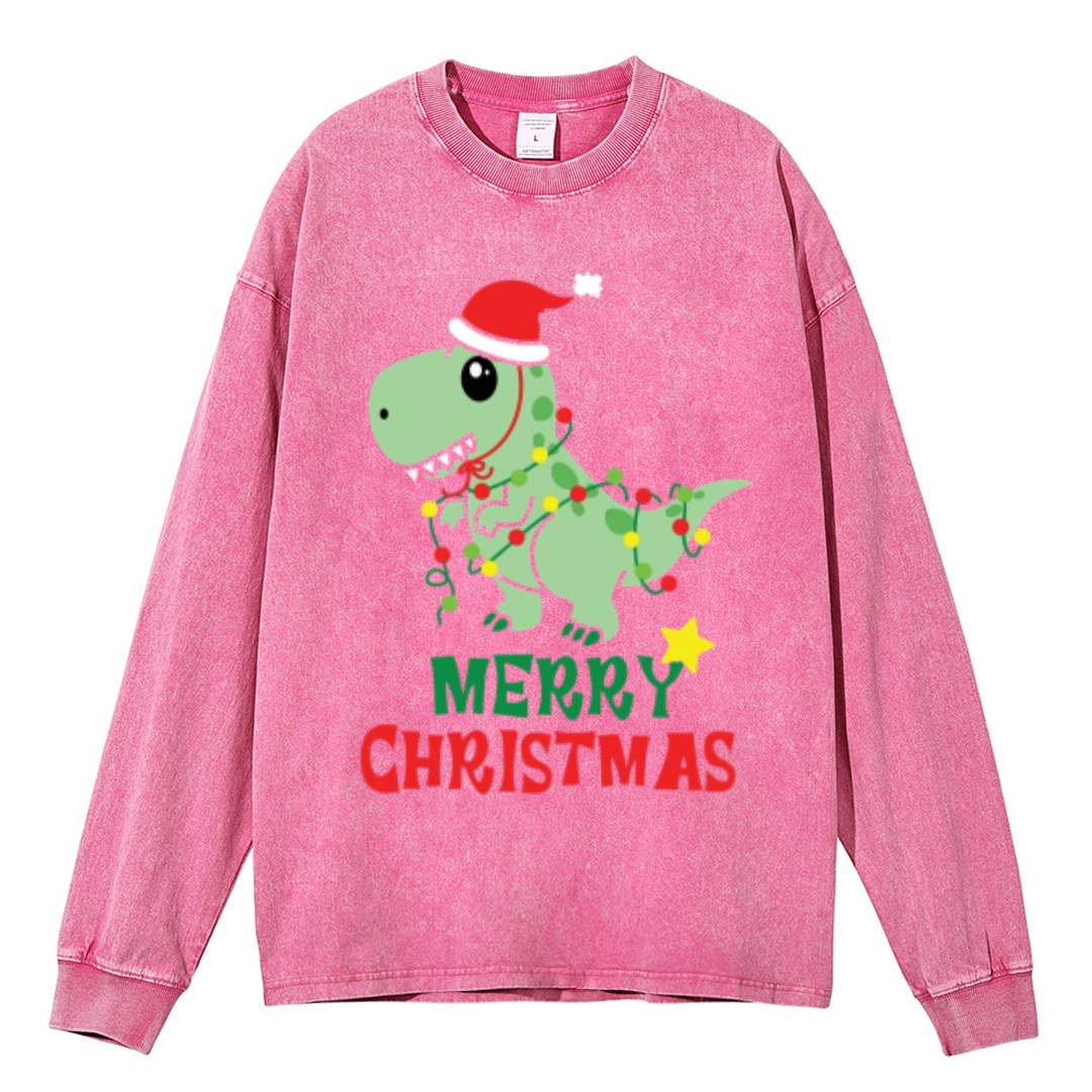 Muchic Merry Christmas Unisex Casual Washed Printed Round Neck Long Sleeve T-shirt