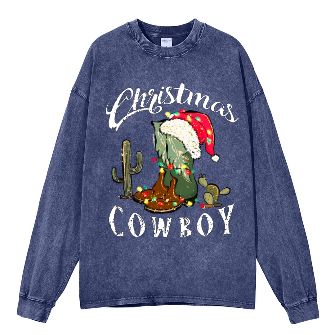 Muchic Christmas Cowboy Unisex Casual Washed Printed Round Neck Long Sleeve T-shirt