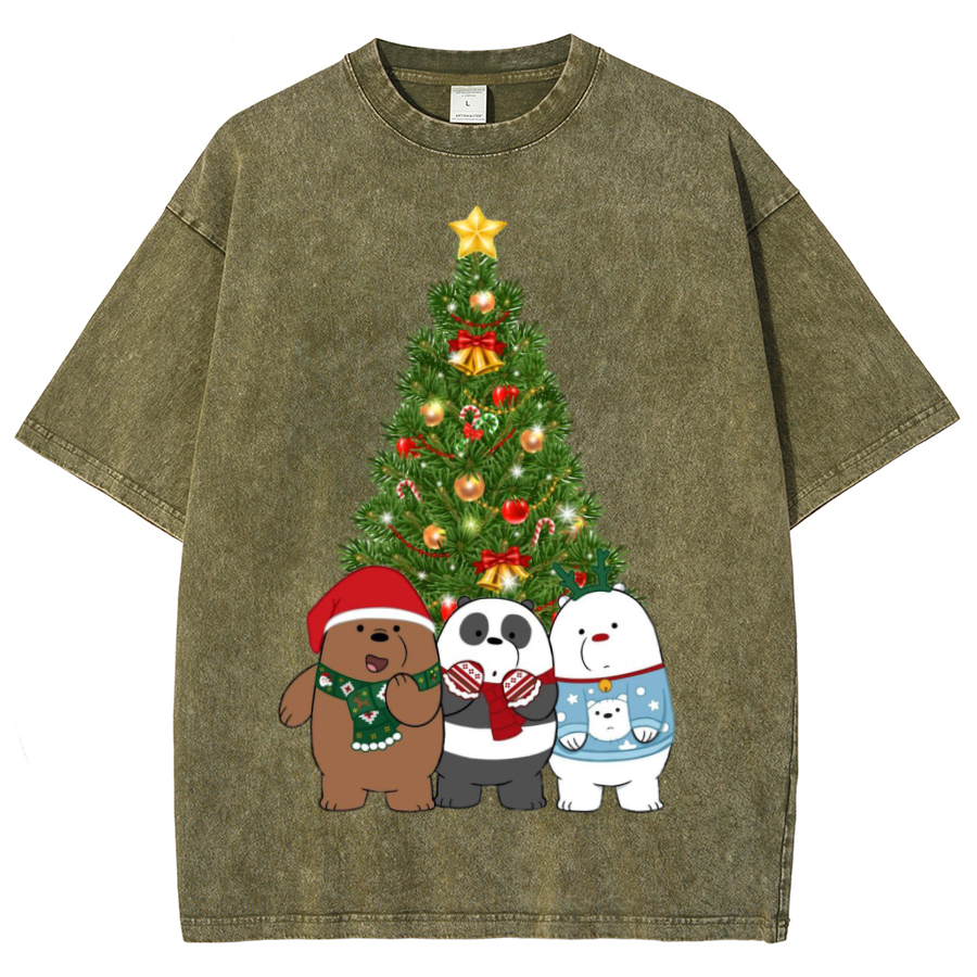 Muchic Bear Christmas Unisex Oversized Print Vintage Wash Denim T-Shirt