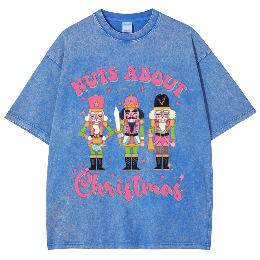 Muchic Nuts About Christmas Unisex Oversized Print Vintage Wash Denim T-Shirt